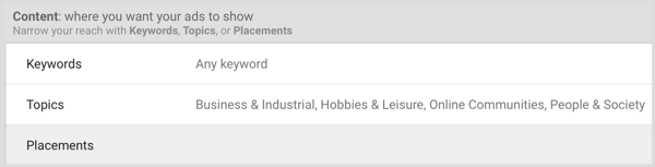 Keywords, topics, and placements settings for Google AdWords campaign.