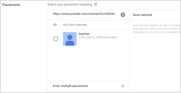 Placements settings for Google AdWords campaign.