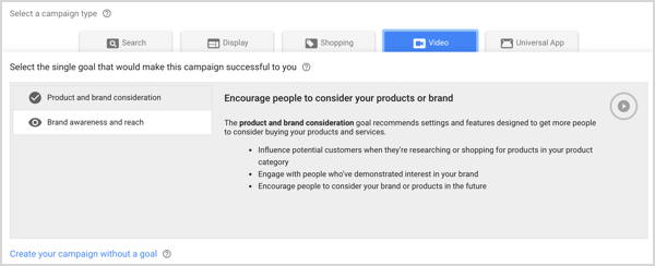 Brand Awareness and Reach campaign type in Google AdWords.