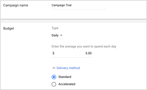 Add campaign name and budget in Google AdWords.