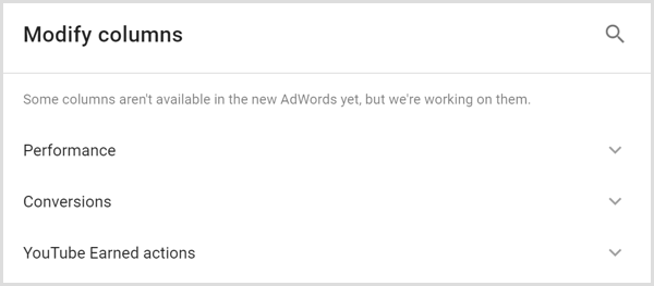 Google AdWords analytics modify columns screen