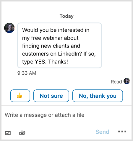 LinkedIn messages show your recipient smart replies like a thumbs up.