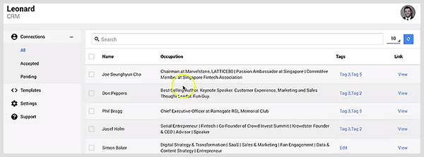Meet Leonard for LinkedIn Dashboard has a CRM that allows you to tag connections and manage invitations to connect.