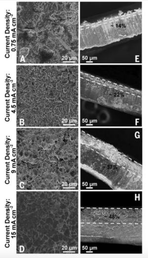 These photos show dendrites after pulses of different current densities are applied, from lowest density at the top to highest at the bottom. 