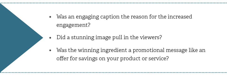 Was an engaging caption the reason for the increased engagement? Did a stunning image pull in the viewers? Was the winning ingredient a promotional message like an offer for savings on your product or service?