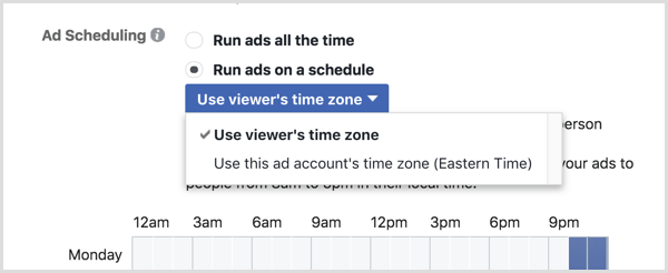 Choose the Use Viewer’s Time Zone option for your Facebook campaign.