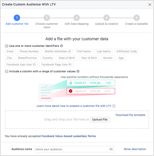 Upload your customer data in the Create Customer Audience With LTV dialog box.