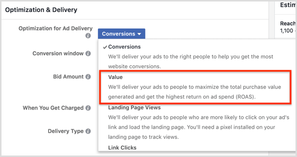 Select the Value option from the Optimization for Ad Delivery drop-down list.