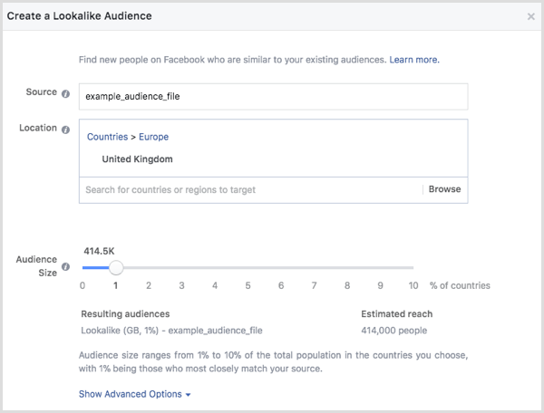 Select your desired location options and the audience size percentage.