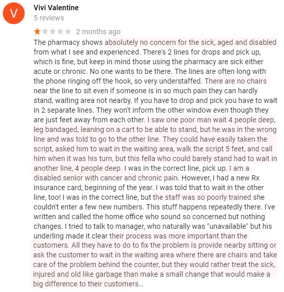 Screenshot of a one-star review: "The pharmacy shows absolutely no concern for the sick, aged and disabled from what I see and experienced. There's 2 lines for drops and pick up, which is fine, but keep in mind those using the pharmacy are sick either acute or chronic. No one wants to be there. The lines are often long with the phone ringing off the hook, so very understaffed. There are no chairs near the line to sit even if someone is in so much pain they can hardly stand, waiting area not nearby. If you have to drop and pick you have to wait in 2 separate lines. They won't inform the other window even though they are just feet away from each other. I saw one poor man wait 4 people deep, leg bandaged, leaning on a cart to be able to stand, but he was in the wrong line and was told to go to the other line. They could have easily taken the script, asked him to wait in the waiting area, walk the script 5 feet, and call him when it was his turn, but this fella who could barely stand had to wait in another line, 4 people deep. I was in the correct line, pick up. I am a disabled senior with cancer and chronic pain. However, I had a new Rx insurance card, beginning of the year. I was told that to wait in the other line, too! I was in the correct line, but the staff was so poorly trained she couldn't enter a few new numbers. This stuff happens repeatedly there. I've written and called the home office who sound so concerned but nothing changes. I tried to talk to manager, who naturally was "unavailable" but his underling made it clear their process was more important than the customers. All they have to do to fix the problem is provide nearby sitting or ask the customer to wait in the waiting area where there are chairs and take care of the problem behind the counter, but they would rather treat the sick, injured and old like garbage than make a small change that would make a big difference to their customers. Although they are very close I am looking for a pharmacy who actually cares to transfer my scripts, because I feel they are so uncaring and disinterested although it's their job to help the sick."