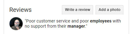 A screenshot of a negative 1-star review citing poor customer service