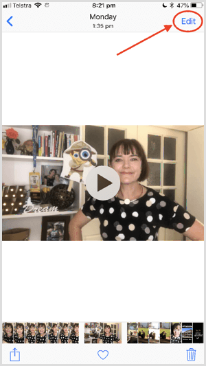 Tap Edit to edit your video in the iPhone photo library.