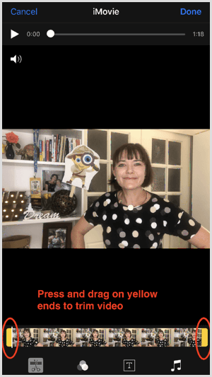 Drag the handles to trim your video with iMovie.