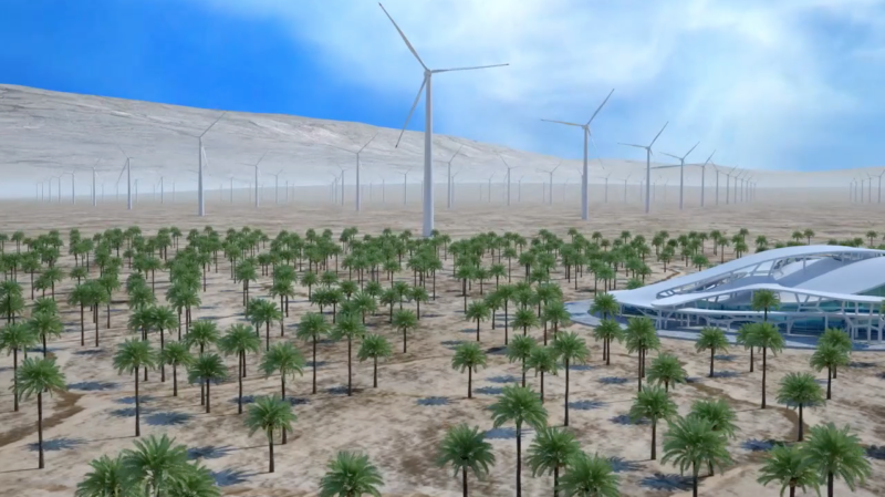 A rendering of wind turbines and a computing center in Morocco