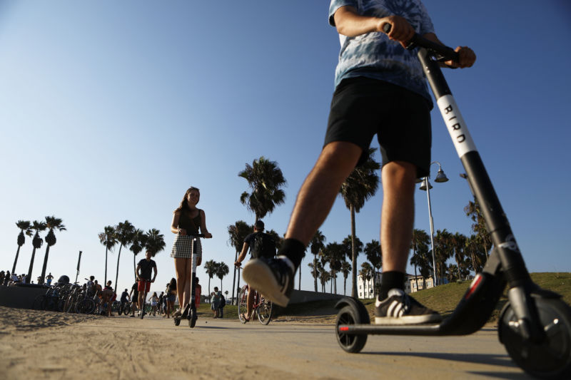 Young people ride scooters past palm trees.