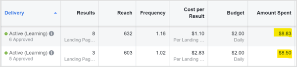 Roughly equal ad spend between Facebook and Instagram placements for split test.