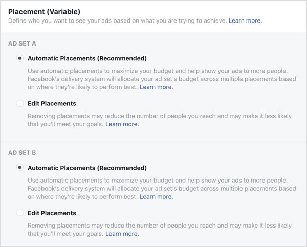 Ad Set A and Ad Set B for Facebook variable split test