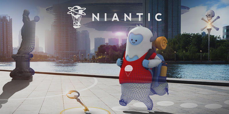 An cute, unfinished digital creature roams an unfinished digital cityscape beneath the Niantic logo.