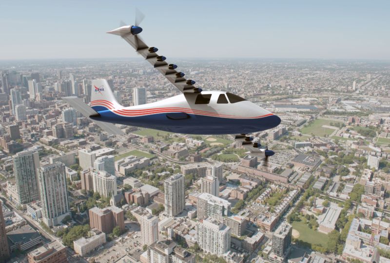 Image of an electric aircraft with many small motors.