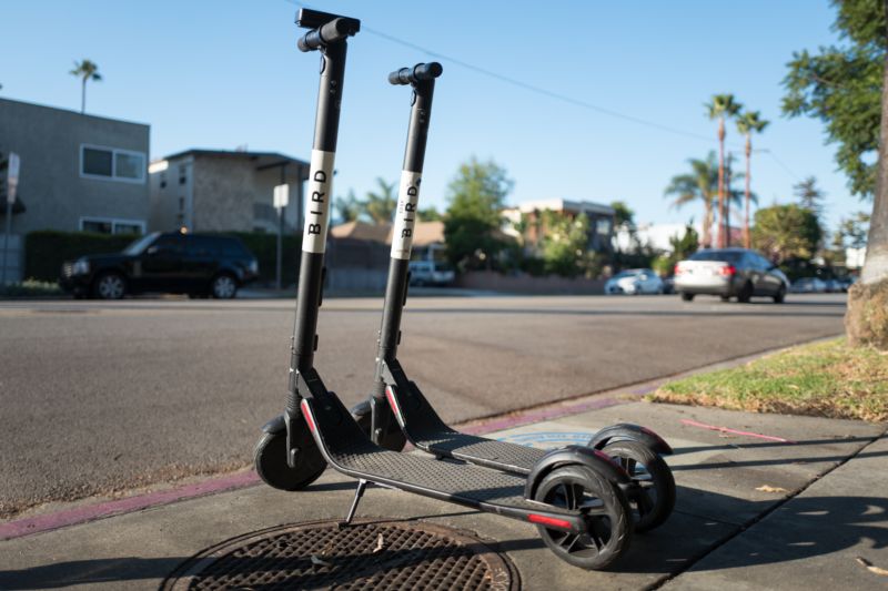 Bird's electric scooters parked along a street in the Marina Del Rey neighborhood of Los Angeles, California, October 21, 2018.