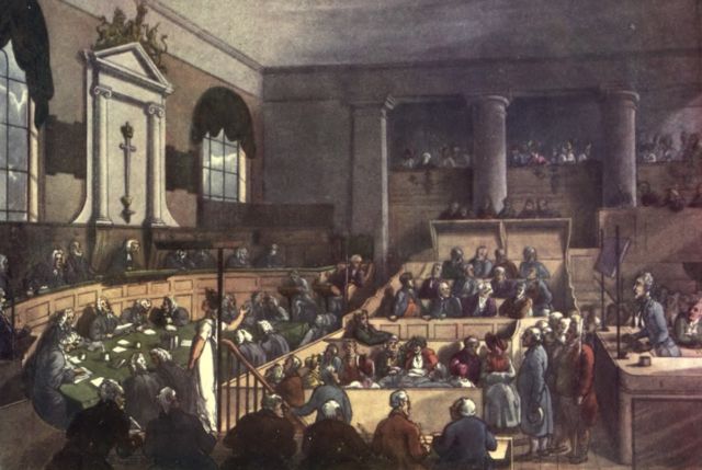 Depiction of a trial in London's Old Bailey Courthouse (1809).