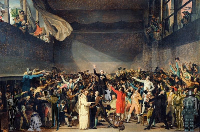 Composite image based on Jacques-Louis David's unfinished painting, "Drawing of the Tennis Court Oath" (circa 1790).