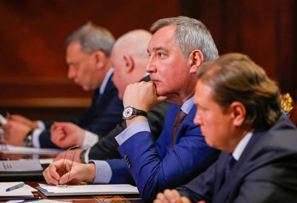 Dmitry Rogozin, general director of the Roscosmos State Corporation, is seen during the meeting.