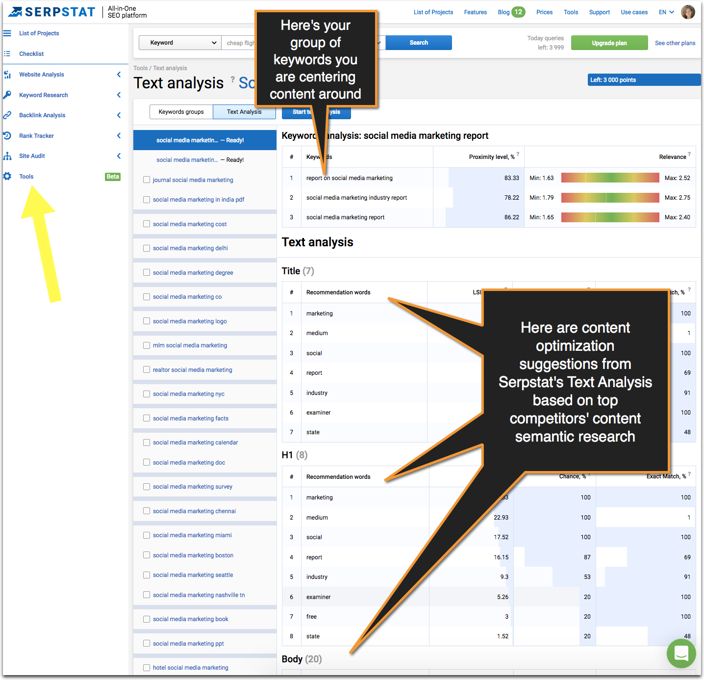 SERPstat tool to help you optimize your content and keywords, and better structure an article