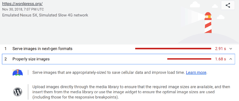 Screenshot of a Lighthouse audit report generated with a Lighthouse Platform Pack for WordPress