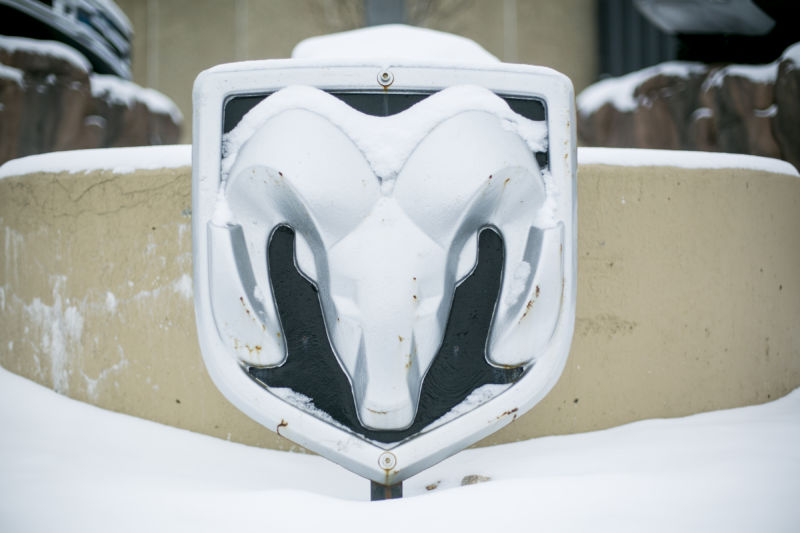 RAM logo covered in snow.