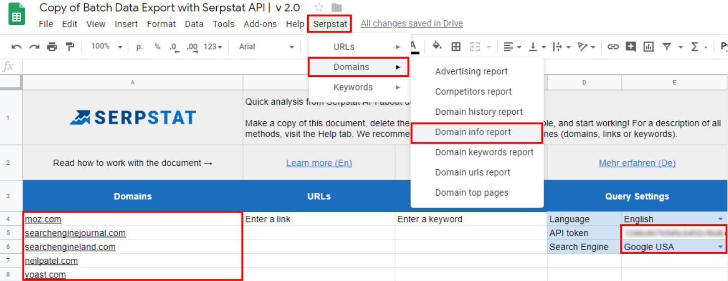 Spreadsheet of keyword and batch analysis