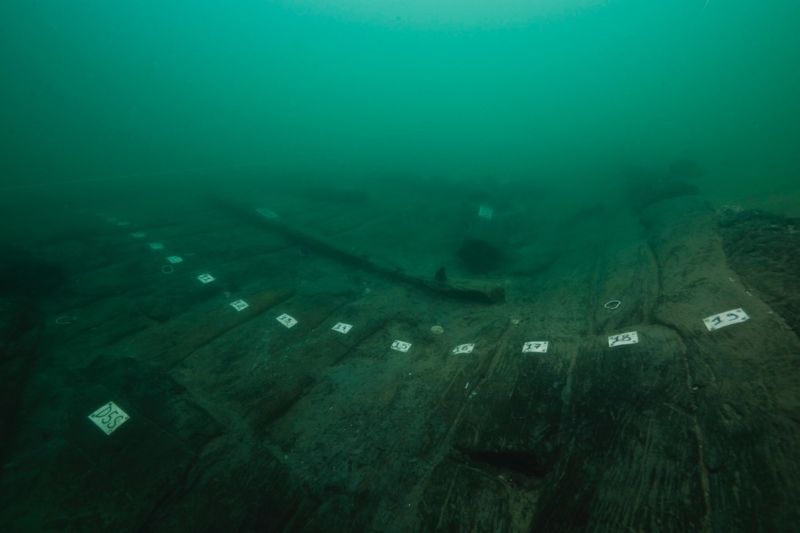 The hull of so-called "Ship 17," a wreck discovered in the sunken port city of Thonis-Heracleion.