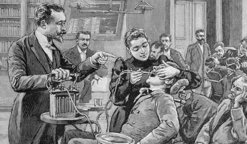 A patient receiving dental treatment, circa 1892. There were several cases of "exploding teeth" in the 19th century that remain unexplained to this day.