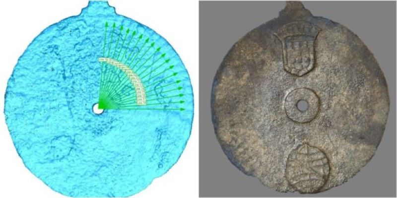 Left: A laser imaging scan of the so-called Sodre astrolabe, recovered from the wreck of a Portuguese Armada ship. Right: The astrolabe is believed to have beeb made between 1496 and 1501.