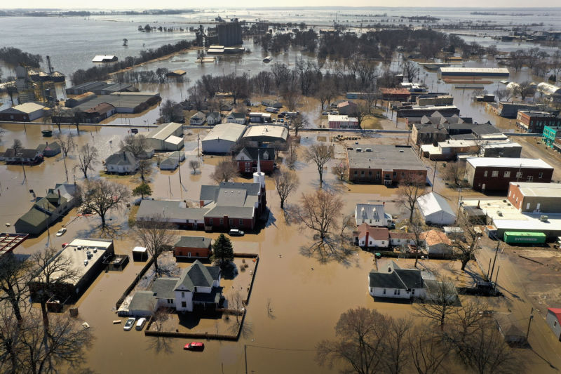 HAMBURG, IOWA - MARCH 20: Homes and businesses are surrounded by floodwater on March 20, 2019 in Hamburg, Iowa. 