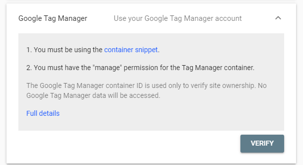 Pop up screenshot of site verification using Google Tag Manager