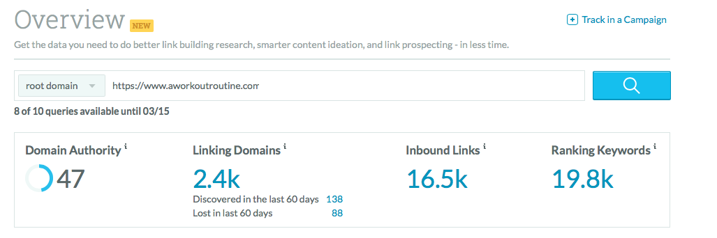 Screenshot of Moz's result for aworkoutroutline.com