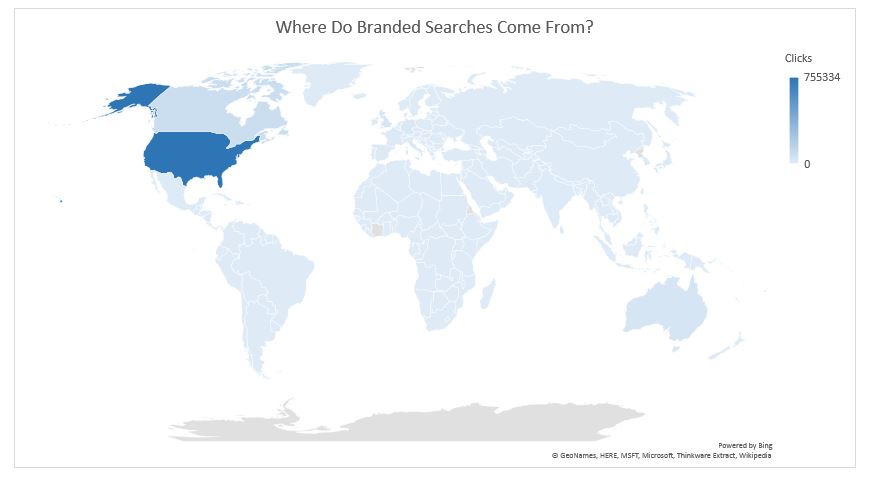 Snapshot of results showing maximum branded search terms on basis of geography