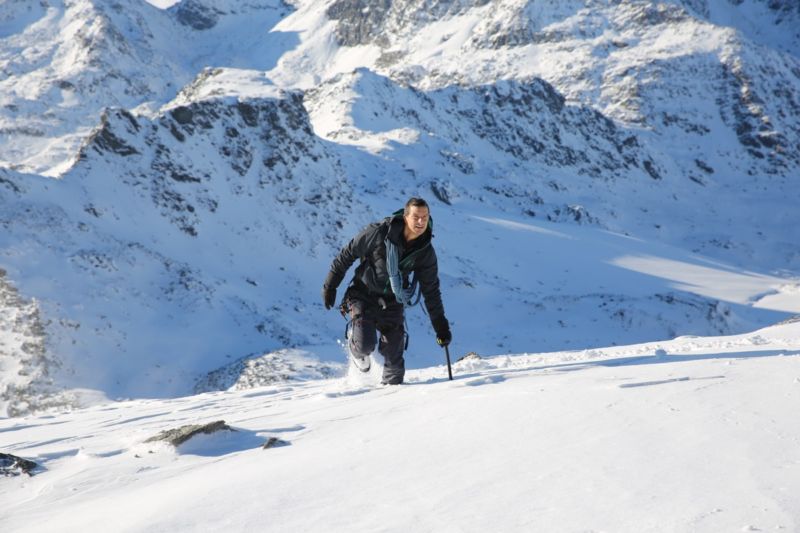 "This is not your mother's natural history series." Host Bear Grylls filming in the Swiss Pennine Alps for the "Mountains" episode of National Geographic's new series, <em>Hostile Planet</em>.