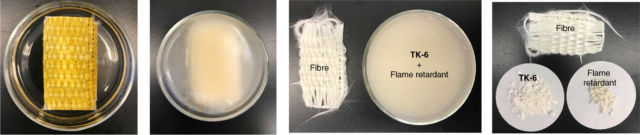 Fiberglass weave with a flame retardant plastic? Neatly separate that back out to fiberglass weave, plastic building blocks, and the flame retardant additive.