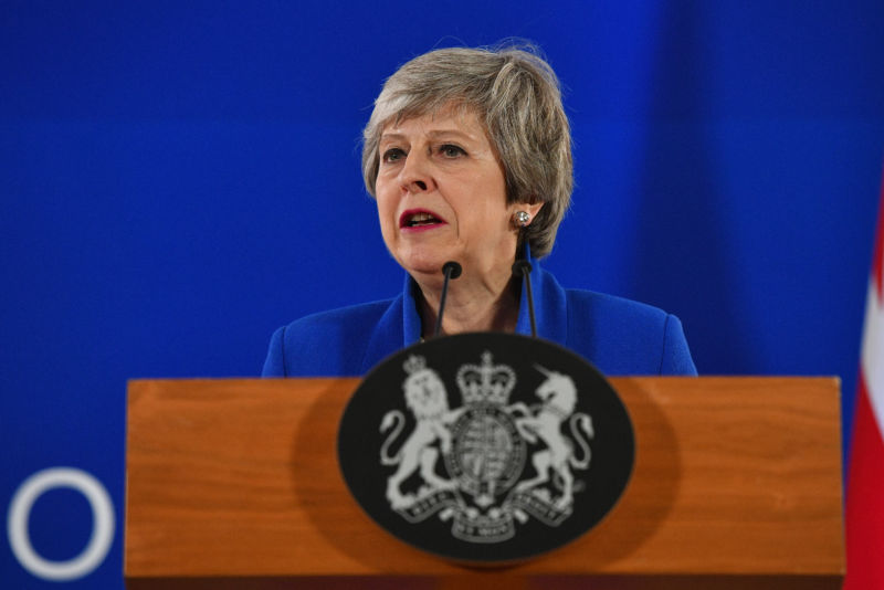 British Prime Minister Theresa May speaks in Brussels on April 11, 2019.