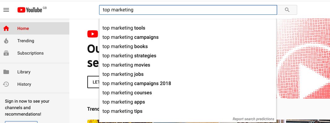 Example of using YouTube's auto-fill feature to find the best keywords