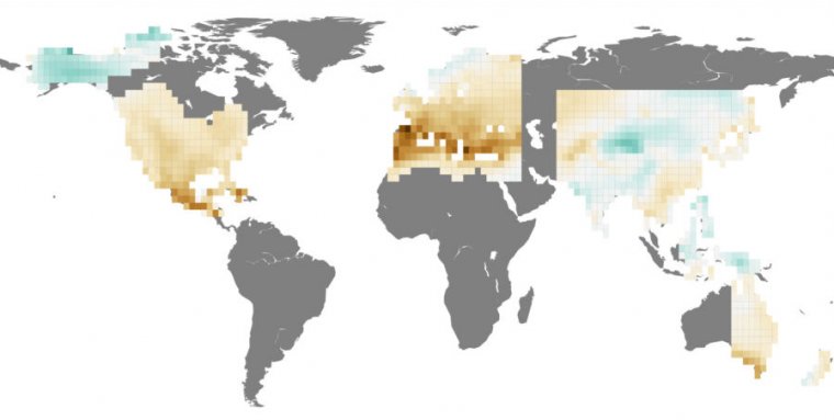 The expected pattern of human influence on drought (brown is more drought, green is less drought) for regions with long-term records.