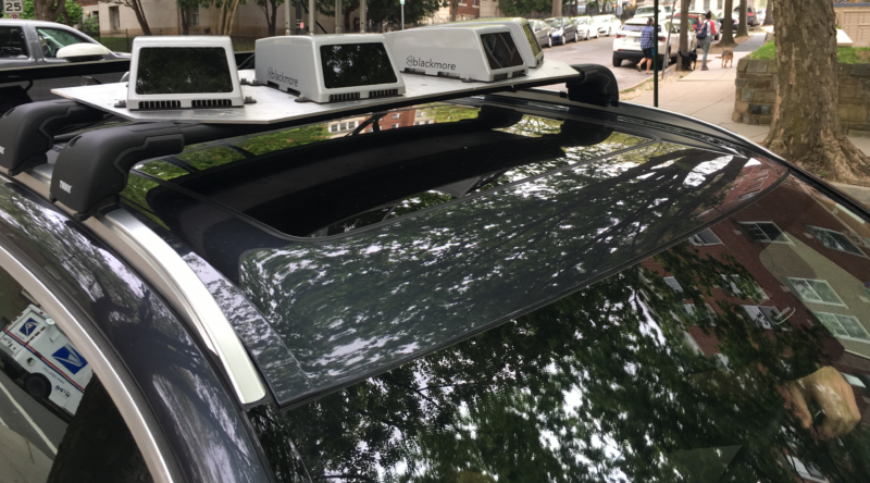 Four Blackmore lidar units sit atop a demo vehicle in Washington, DC.