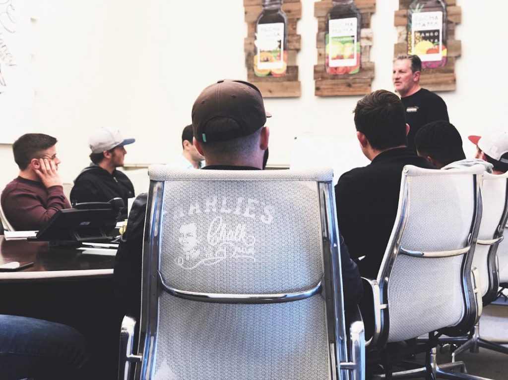 Charlie's Chalk Dust's CEO Brandon Stump sits in on a meeting in the home office