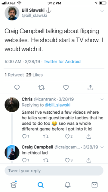 Bill Slawski's tweet about Craig Campbell's website flipping skills