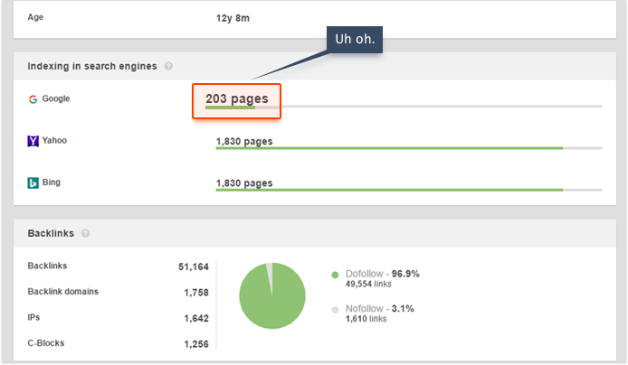 Screenshot example of how to check your site's indexing by various search engines