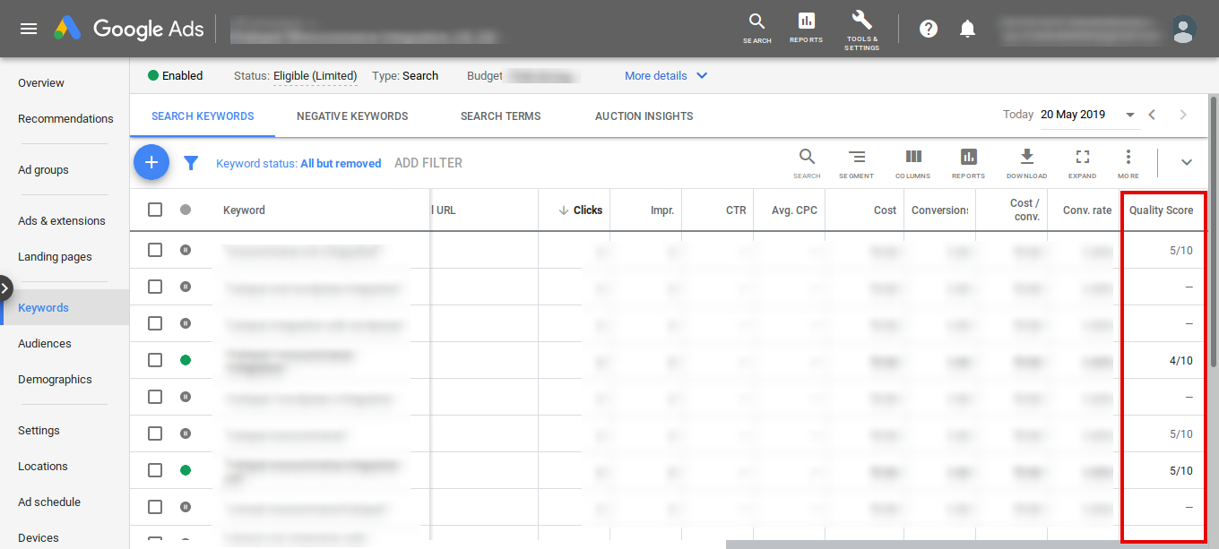 listing of quality score in Google Ads