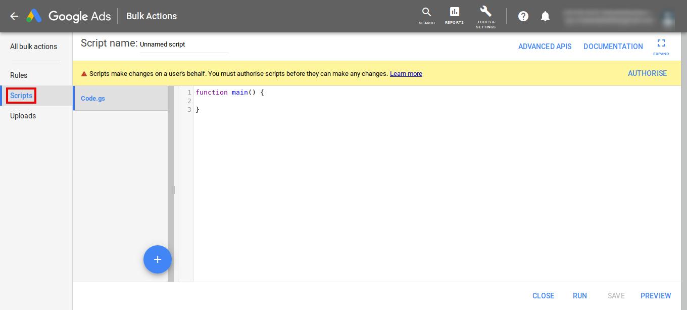 Example screenshot of Google Ads Scripts