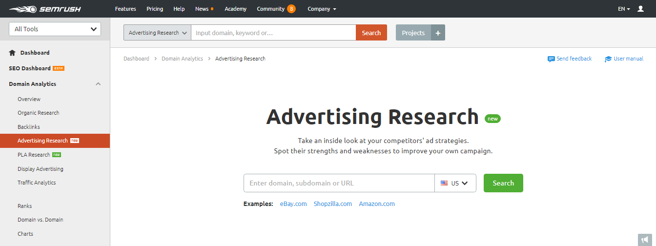 screenshot of SEMrush tool for competitor research